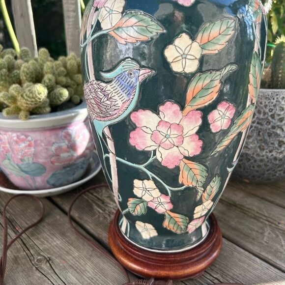 Vintage Chinoiserie Asian Lamp Blue Green Pink Bird Floral 25” Tall - Picture 6 of 16